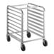 A Regency aluminum sheet pan rack with black wheels.