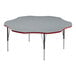 A grey and red Correll activity table with black legs and red trim.