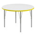 A Correll white and yellow round activity table with adjustable height silver legs and a yellow T-mold.