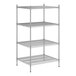 A wireframe of a Regency stainless steel wire shelving unit with four shelves.