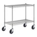 A Regency stainless steel wire mobile shelving starter kit with black wheels.