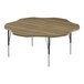 A Correll activity table with a hickory wood surface and black metal legs.