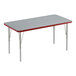 A rectangular Correll activity table with a gray top and red edge.