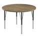 A Correll round activity table with hickory top and black metal legs.