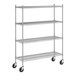 A Regency stainless steel wire shelving unit on wheels.