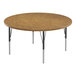 A Correll round wooden activity table with adjustable black metal legs and medium oak T-mold.