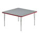 A grey square Correll activity table with silver legs and red edging.