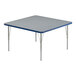 A square Correll activity table with silver legs and blue T-Mold edge.