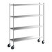 A Regency stainless steel mobile shelving starter kit with wheels.