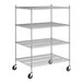 A Regency stainless steel wire shelving starter kit with wheels and 4 shelves.