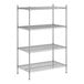 A wireframe of a Regency stainless steel wire shelving unit with four shelves.