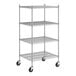 A Regency stainless steel wire shelving unit with wheels and four shelves.
