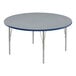 A round Correll activity table with a blue top and metal legs.