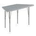 A grey trapezoid table with metal legs.