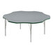 A gray activity table with silver legs and a green edge.