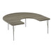 A half-moon shaped New England Driftwood activity table with silver metal legs and driftwood T-mold.