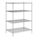 A wireframe of a Regency chrome stationary wire shelving unit with four shelves.