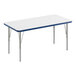 A white rectangular table with a blue edge and silver legs with a white board top.