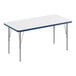 A white rectangular table with a blue edge.