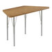 A trapezoid medium oak table with silver legs.