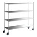 A Regency stainless steel shelving unit with wheels.