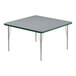 A square gray high-pressure activity table with silver legs and green T-mold edge.