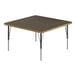 A square Correll activity table with black metal legs and a walnut top.