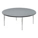 A Correll round activity table with a grey melamine top and silver legs.