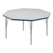 A white and blue hexagon table top with silver legs and blue trim.