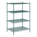 A green metal Regency wire shelving unit with four shelves.