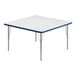 A white square Correll activity table with silver legs and blue trim.