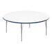A white round Correll activity table with silver legs and blue T-Mold.