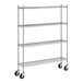 A Regency stainless steel wire shelving unit with wheels.