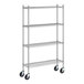 A Regency stainless steel wire shelving unit with wheels.