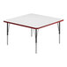 A white square table with black legs and a red edge.