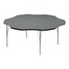 A grey table with a black surface and silver legs.
