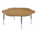 A Correll activity table with a medium oak wood surface and black metal legs.