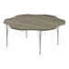 A Correll New England Driftwood Activity Table with metal legs and a wood surface.