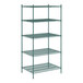 A green Regency wire shelving unit with five shelves.