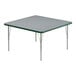 A square gray high-pressure laminate activity table with silver legs and green T-mold edge.