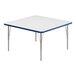 A white square Correll activity table with silver legs and a blue edge.