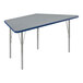 A grey and blue trapezoid activity table with silver legs.