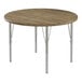 A Correll round activity table with metal legs and a hickory top.