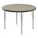 A round Correll activity table with silver legs and a black edge.