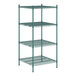 A Regency green wire shelving unit with four shelves.