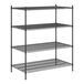 A Regency black wire shelving unit with four shelves.