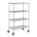 A Regency stainless steel wire shelving unit with wheels.