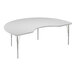 A white table with a curved edge and metal legs.