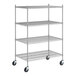 A Regency stainless steel wire shelving unit with wheels.
