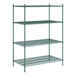 A green metal Regency wire shelving unit with four shelves.